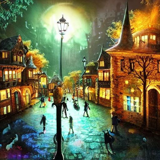 Prompt: a fantasy city at night with a black obsidian castle, ancient oak trees, and colorful crowds