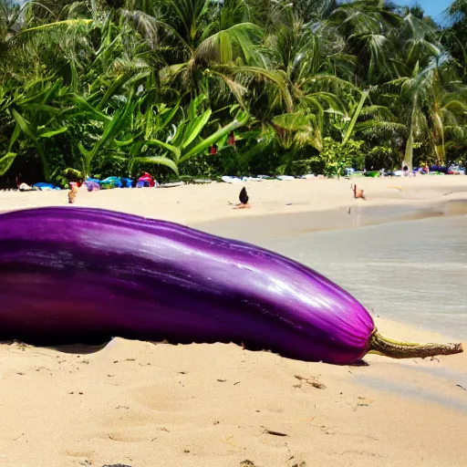 Image similar to huge eggplant sunbathing on the beach among people, photo,