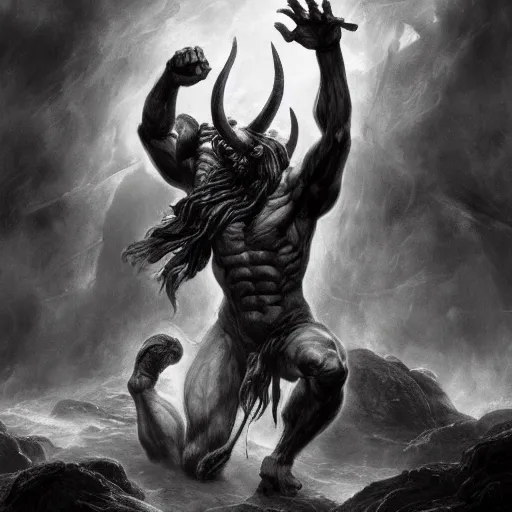 Image similar to full body, grayscale, muscled humanoid balrog demon, horns, claws, large horned tail, heroic pose, flames, fire, tarot, Gustave Dore, Greg Rutkowski,