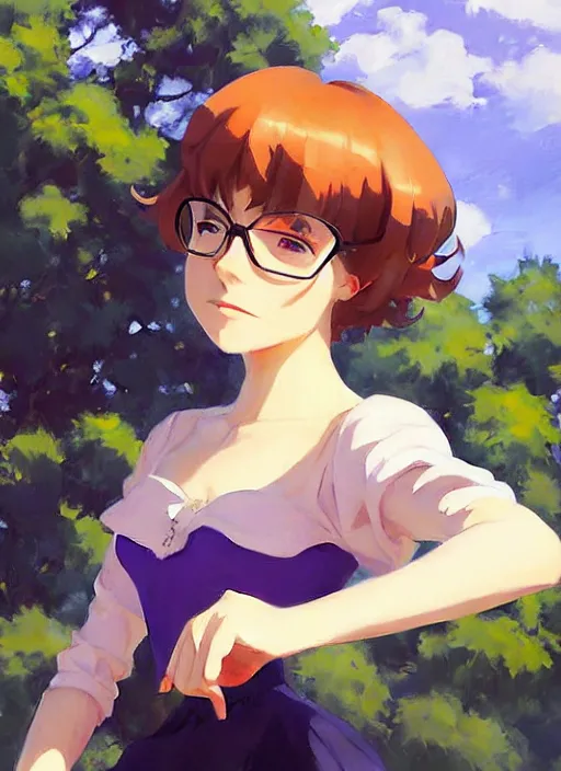 Image similar to Greg Manchess ainting of Velma Dinkley in the style of Violet Evergarden, anime style, winged eyelashes, countryside, calm, fantasy character portrait, dark outlines, dynamic pose, above view, sunny day, artwork by Makoto Shinkai, very coherent asymmetrical artwork, sharp edges, perfect face, simple form, 100mm