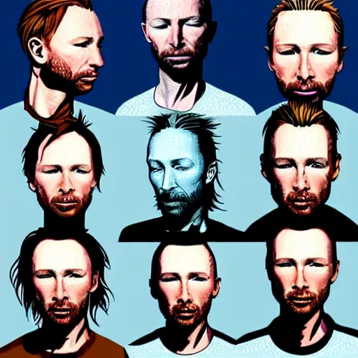 Prompt: versions sprite sheet of variations, hyper realistic, many variations of thom yorke, face variations, various emotions, various poses, high quality, brush stroke, intricate details, beautiful lighting