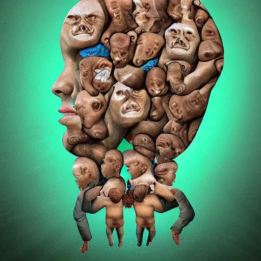 Image similar to human head with little monkeys inside it, digital art, hyper detailed