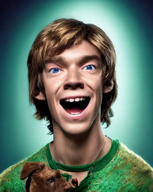 Image similar to dramatically - lit closeup portrait photograph of norville shaggy rogers from the scooby - doo live - action film ( 2 0 0 2 ), sharp details, vignette, high saturation, smooth textured skin, subsurface scattering, photograph by mark mann and martin schoeller, 4 k, soft focus, centered, symmetrical