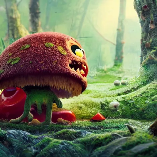 Image similar to a nature photo of a cute, adorable, fury monster eating bugs for lunch while sitting on a red mushroom in the fantasy forest, in the style of Pixar, extremely detailed, wide shot, sharp and detailed, Octane render