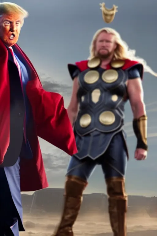 Image similar to donald trump as thor, wielding hammer, ready for battle, movie still