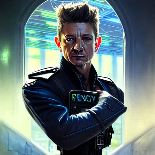 Image similar to portrait painting of a cyberpunk elf policeman who looks like jeremy renner, ultra realistic, concept art, intricate details, eerie, highly detailed, photorealistic, octane render, 8 k, unreal engine. art by artgerm and greg rutkowski and charlie bowater and magali villeneuve and alphonse mucha