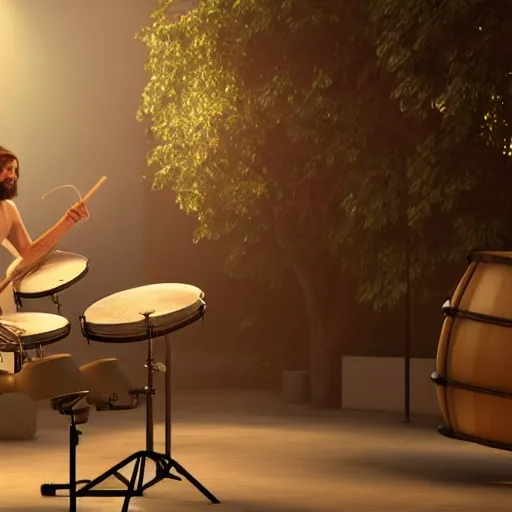 Image similar to a highly detailed realistic photographic render of christ playing drums, realistic, photo realism, hyper realistic, hyper realism, photo realisitc, cinematic render, film, beautifully lit, ray traced, octane 3D render, octane render, unreal engine