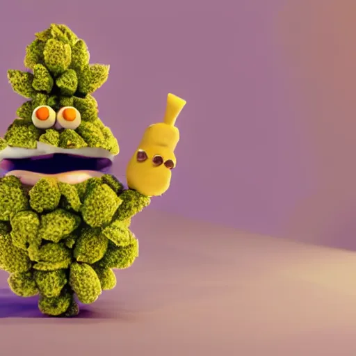 Prompt: a cinematic blender render of a cute marijuana nug character in candy edibles world