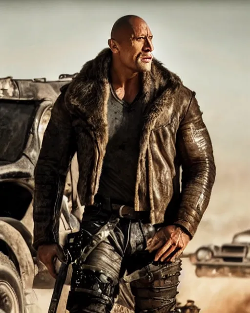 Image similar to film still close up shot of dwayne johnson as max rockatansky in the movie mad max. photographic, photography