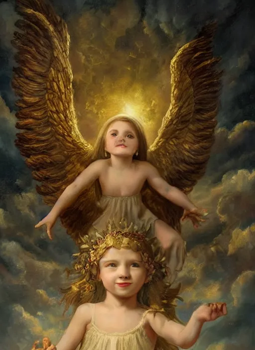 Image similar to a young girl holding the head of a monster, flying in the sky surrounded by angels, extremely realistic and highly detailed painting, soft light, gold ratio