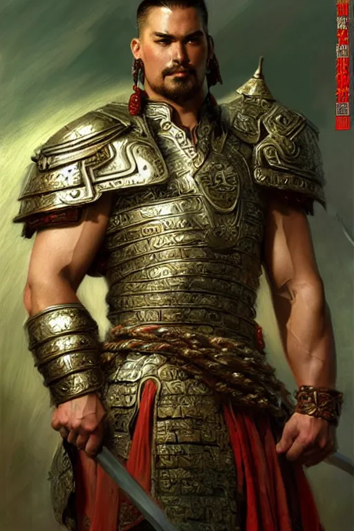 Prompt: attractive beefy male with armor, ancient china, three kingdoms, character design, dynamic lighting, cool and bright tint, painting by gaston bussiere, craig mullins, j. c. leyendecker, tom of finland