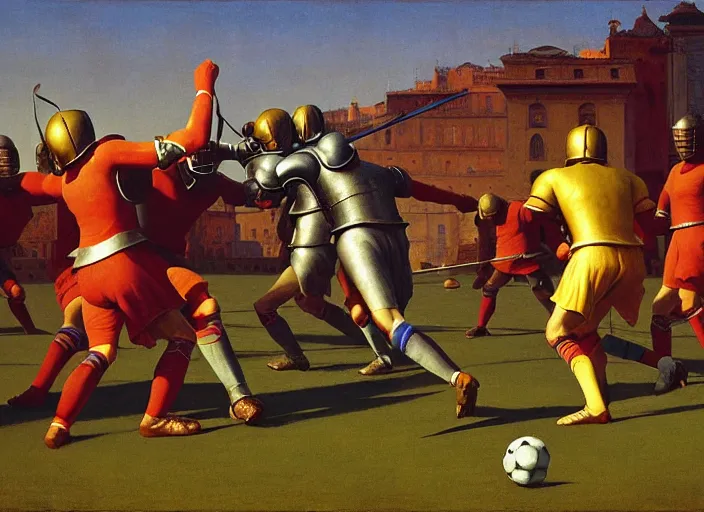 Image similar to knights in armor playing soccer, rome, highly detailed, soft lighting, elegant, works by edward hopper and james gillard, zdislaw beksinski, stephen outram, andreas m wiese, highly detailed