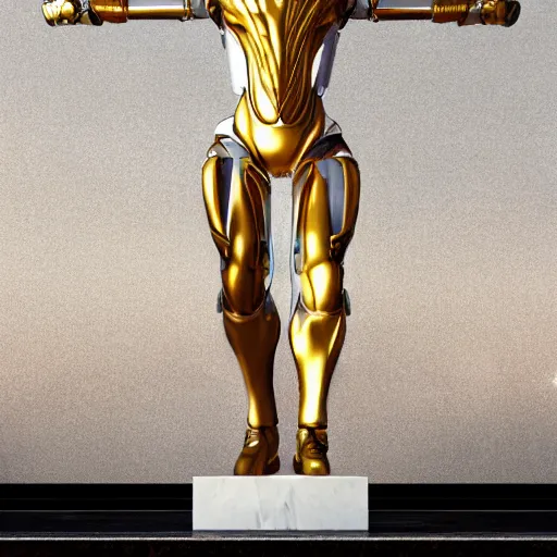 Image similar to statue of white marble with gold veins of strong attractive futuristic cybernetic man adonis posing, hyper realistic, transhumanism, perfect symmetrical body, perfect symmetrical face, hyper detailed, octane render blender, 8 k