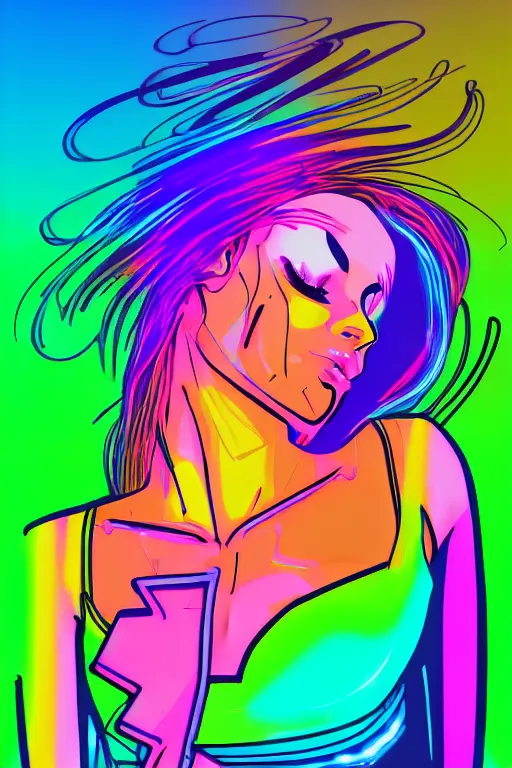 Image similar to a award winning half body portrait of a beautiful woman with stunning eyes in a croptop and cargo pants with rainbow colored ombre hairstyle head in motion and hair flying by thomas danthony, outlined by whirling illuminated neon lines, outrun, vaporware, shaded flat illustration, digital art, trending on artstation, highly detailed, fine detail, intricate