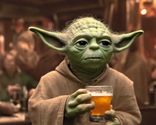 Prompt: film still of yoda drinking beer in a crowded bar in the new star wars movie 4 k