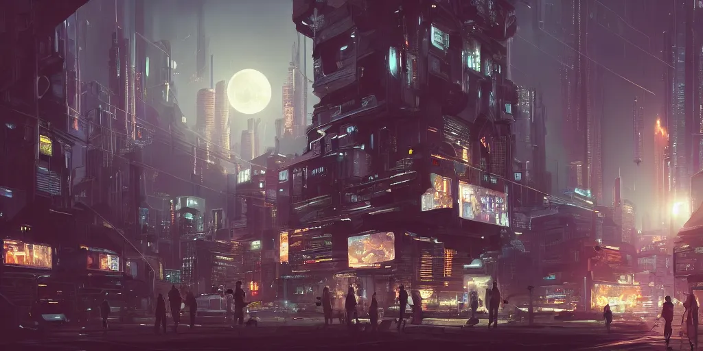 Prompt: small building, future city, science fiction, cyberpunk, night, wide angle, full with people, moon, a lot of lights, cinematic lighting, high detail, digital painting, concept art, illustration, smooth, sharp focus, trending on artstation, trending on deviantart, 4 k