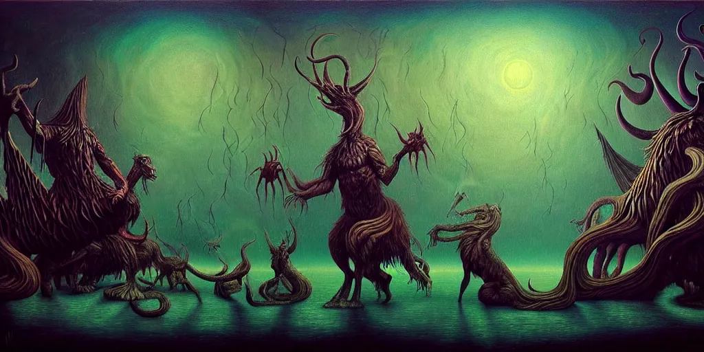 Prompt: mythical creatures and monsters in the imaginal realm of the collective unconscious, in a dark surreal painting by ronny khalil