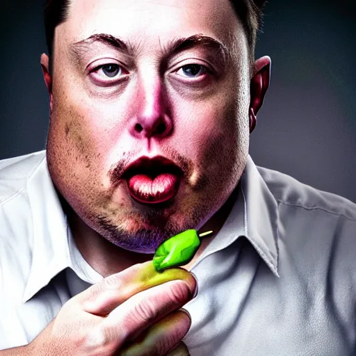 Image similar to stunning award winning hyperrealistic hdr 8 k highly detailed portrait photo of morbidly obese elon musk eating a rocket