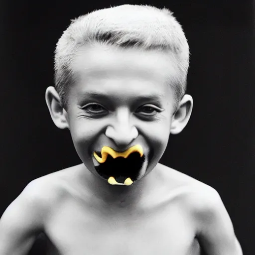 Image similar to by herve guibert, by georg baselitz soft fish - eye lens. a conceptual art of a young boy disguised as a dragon. the boy is shown wearing a costume with dragon - like features, including a long tail, wings, & horns. he has a large grin on his face, suggesting that he is enjoying his disguise.