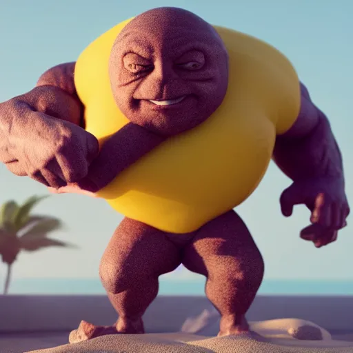 Image similar to a lemon cartoonish character, that is muscular, is relaxing on a beach, inspired by dalle - 2, octane render, 3 d, volumetric lightening