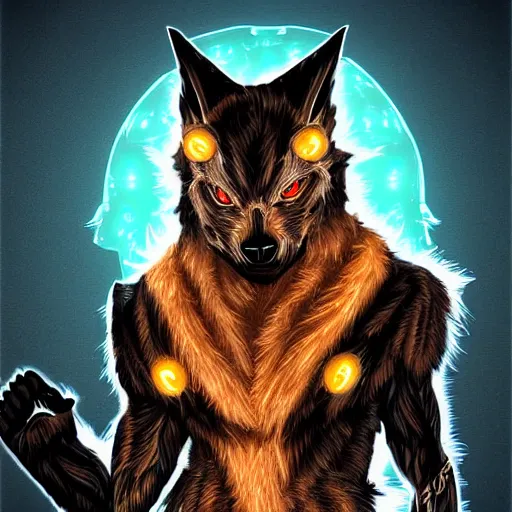 Prompt: a cybertronic werewolf, with lots of fur leds, 8 k, sharp, digital art