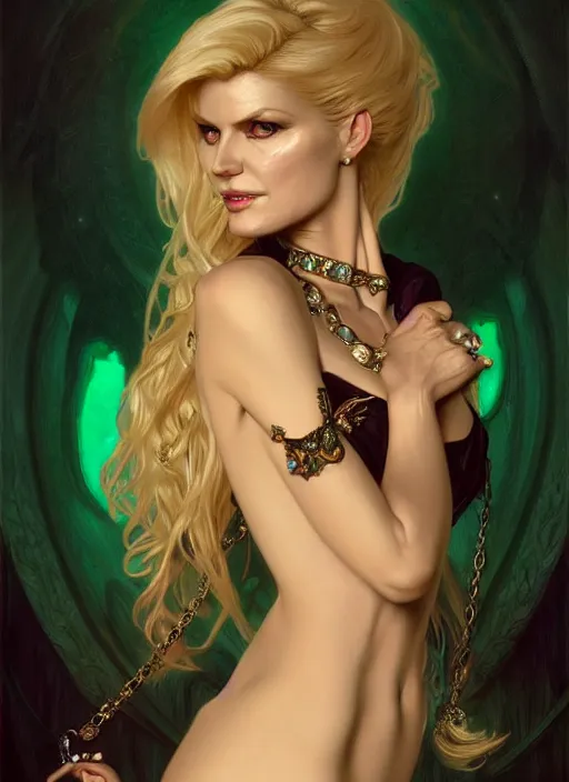 Image similar to portrait of victoria silvstedt as a sultry vampire lady, jewelry, greek, emerald, intricate, headshot, highly detailed, digital painting, artstation, concept art, sharp focus, cinematic lighting, illustration, art by artgerm and greg rutkowski, alphonse mucha, cgsociety