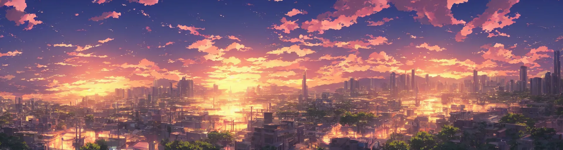 Prompt: beautiful anime sunset cityscape makoto shinkai - H 1080