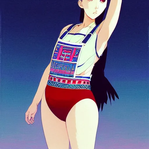 Image similar to a beautiful plus sized model japanese natalie portman, alluring plus sized model, wearing mayan leotard with elegant mayan apron overalls, street fashion hip hop style with mayan patterns, aztec street fashion, gapmoe yandere grimdark, trending on pixiv fanbox, painted by greg rutkowski makoto shinkai takashi takeuchi studio ghibli, akihiko yoshida