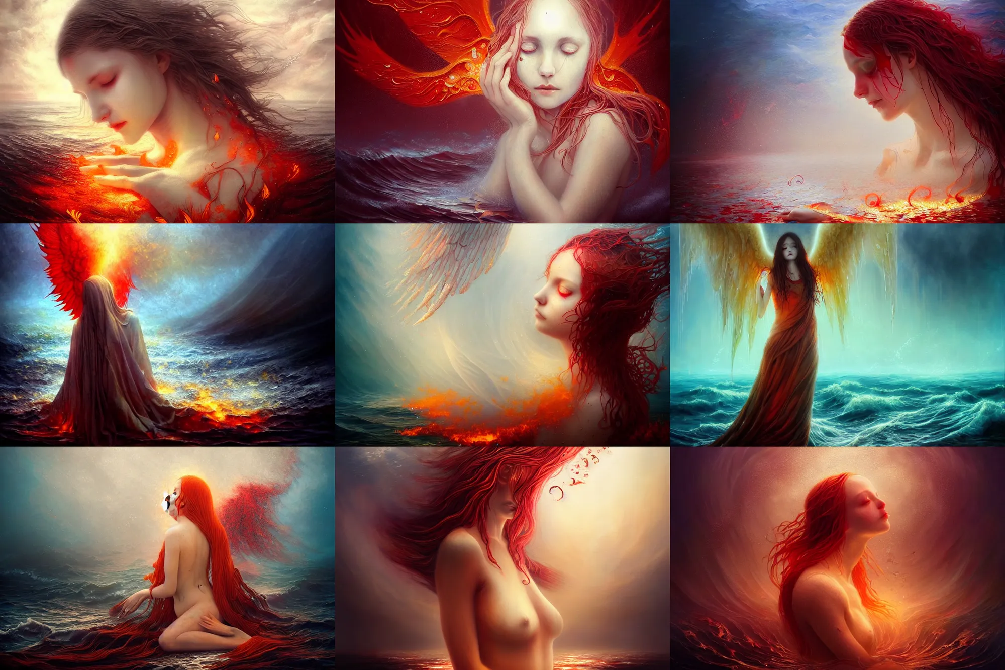 Prompt: ocean with fallen angel crying tears of blood in a canvas that catches fire, magical, concept art, art nouveau, inspired by Reylia Slaby, Peter Gric, Andrew Ferez, trending on artstation, volumetric lighting, intricate, ornate, CGsociety