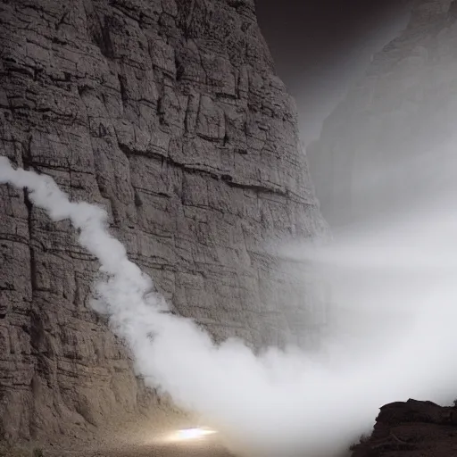 Image similar to photo, a woman in a giant flowing incredibly long dragging white dress made out of white smoke, standing inside a dark western rocky scenic landscape, volumetric lighting