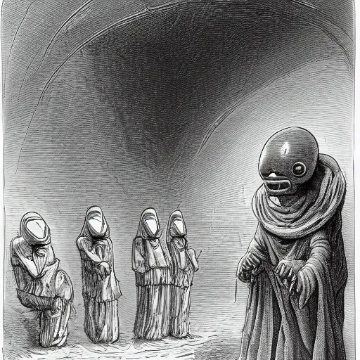 Prompt: eerie space alien talking to a group of people in front of a space ship in an ancient village in a Gustave Dore art style, grunge, matte