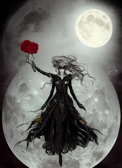 Prompt: silver and golden elements at frame borders, portrait, A beautiful dark witch in front of the full big moon, book cover, red roses, red white black colors, establishing shot, extremly high detail, foto realistic, cinematic lighting, pen and ink, intricate line drawings, by Yoshitaka Amano, Ruan Jia, Kentaro Miura, Artgerm, post processed, concept art, artstation, matte painting, style by eddie, raphael lacoste, alex ross