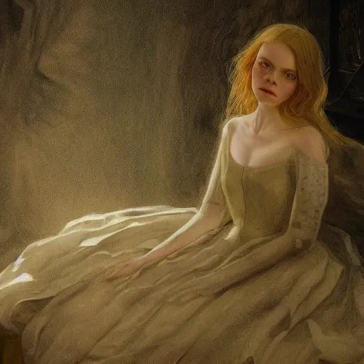 Image similar to Elle Fanning in the painted world of Crimson Peak, head and shoulders masterpiece, apocalypse, golden hour, cosmic horror, artstation, in the style of Andrew Wyeth and Edward Hopper and Bosch, extremely detailed