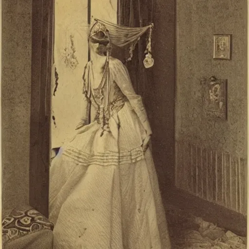 Image similar to woman in exotic costume by bakst, background of decaying victorian guest room by dore