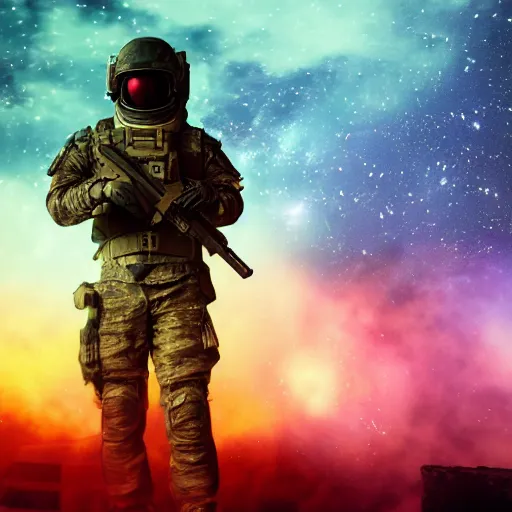 Prompt: high detail photo of an armed soldier holding a big gun floating in space inside magic colorful glowing sparkling fog, circular planet behind it, starry sky, tranquil, desolate, atmospheric, hazy, autochrome, 8k, reflections, octane render, unreal engine 5