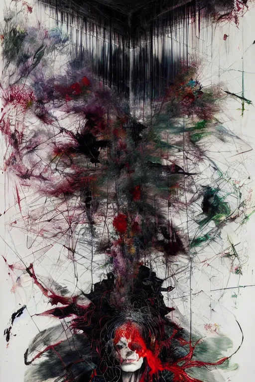 Image similar to the physical impossibility of death, in a brutalist designed space ship, hauntingly surreal, gothic, rich deep colours, painted by francis bacon, adrian ghenie, james jean and petra cortright, part by gerhard richter, part by takato yamamoto. 8 k masterpiece