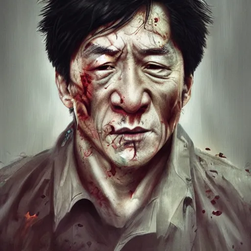 Image similar to Jackie Chan as a zombie, by WLOP, detailed, realistic, trending on artstation