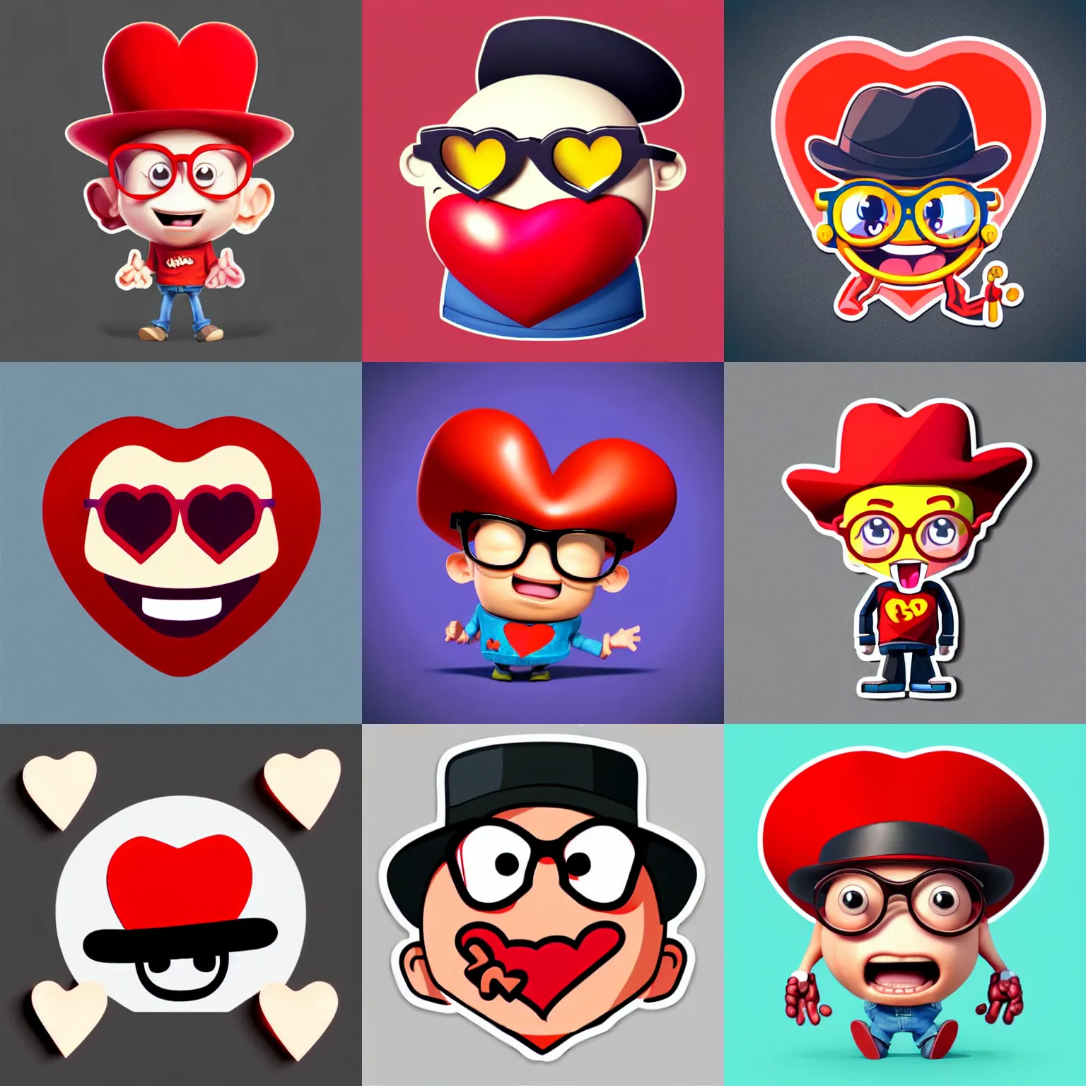 Prompt: a sticker of an adorable smiling red anatomical heart male character wearing a dark fedora hat and oversized dark round glasses throwing hearts, vector art by Jan Konůpek, 2d game art by Pixar, sticker by Akira Toriyama, featured on polycount, behance contest winner, mingei, sketchfab, low poly