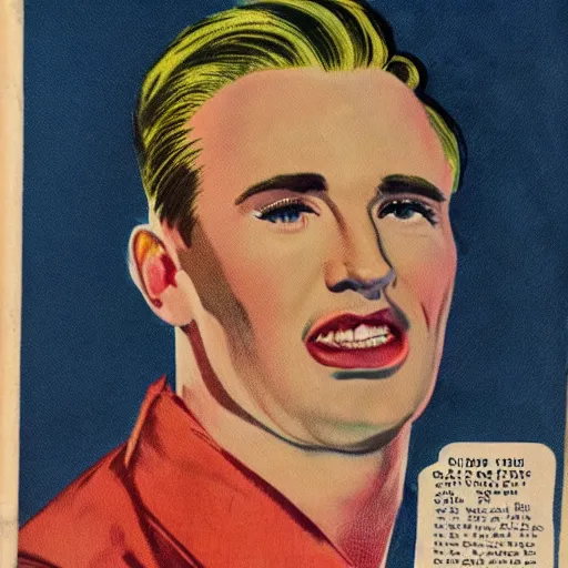 Image similar to Chris Evans portrait, color vintage magazine illustration 1950