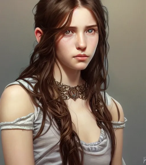 Image similar to ultra realistic illustration, portrait of 1 5 - year old girl with thick brown hair, large front teeth, and bright piercing brown eyes, intricate, elegant, highly detailed, digital painting, artstation, concept art, smooth, sharp focus, illustration, art by artgerm and greg rutkowski and alphonse mucha