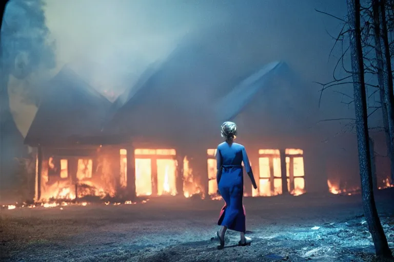 Image similar to Gregory Crewdson full color Photography, A woman walks calmly while her house is on fire, atmospheric lighting , at night