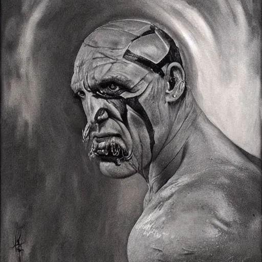 Image similar to black and white, wrestler hulk hogan, photorealistic, ring of fire, painted by beksinski