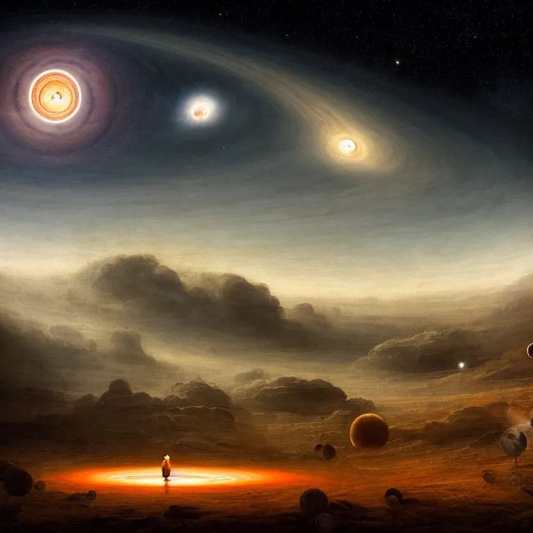 Prompt: the universe sky star orange big whole white stripes planets light creatures cycle baroque landscape painting, perfect composition, beautiful detailed intricate insanely detailed octane render trending on Artstation, 8K artistic photography, photorealistic, soft natural volumetric cinematic perfect light, chiaroscuro, award-winning photograph, masterpiece, Raphael, Caravaggio, Greg Rutkowski, Beeple