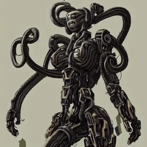 Prompt: a mech version of african medusa, with a septum piercing, very symmetrical, highly detailed, by vitaly bulgarov, by joss nizzi, by ben procter, by steve jung, concept art, quintessa, metal gear solid, transformers cinematic universe, concept art world, pinterest, artstation, unreal engine