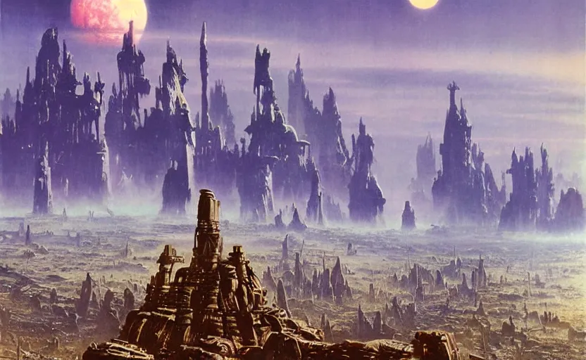 Image similar to photorealistic alien empire atmospheric matte painting by bruce pennington