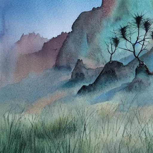 Image similar to stunning lush natural scene on another planet, with weird vegetation, rocks and colour. beautiful light. soft colour scheme. beautiful artistic detailed watercolor by lurid. ( 2 0 2 2 )