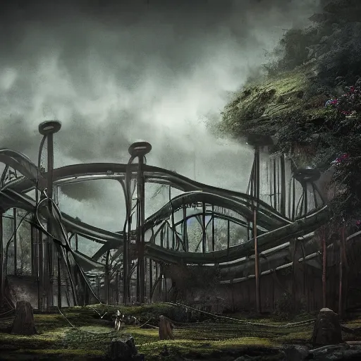 Image similar to abandoned theme park with large rollercoaster that has vines hanging from it, also a carusell with creepy look, matte painting, sharp focus, fog, hazy, heavy atmosphere, desaturated, highly detailed, artgerm, caravaggio, rutkowski