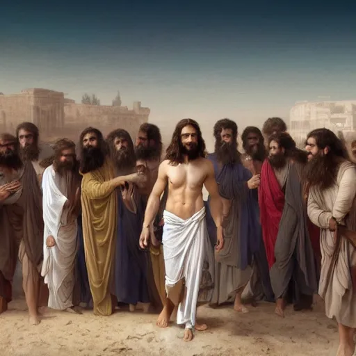 Image similar to an extremely detailed matte painting of a ridiculously good looking supply side jesus that looks like a jewish gigachad with his 1 2 apostle entourage droing keg stands, long curly hair, elegant ancient greek dress, very detailed, windy beach, beautiful, intricate, cinematic, artstation, william bouguereau, alphonse mucha, greg rutkowski, rossdraws, octane render