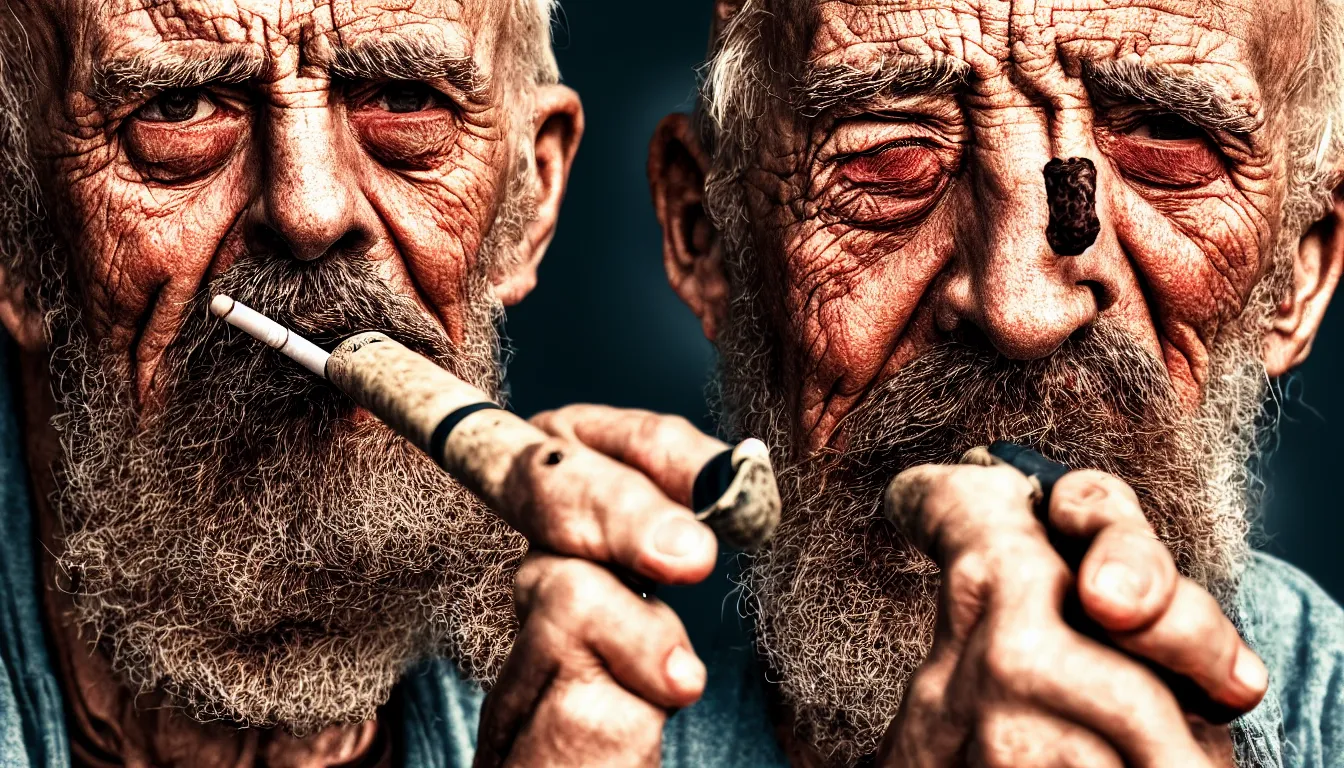 Image similar to hyper realistic color photo, portrait of a weathered old man smoking pipe, dramatic shadow!!, full colour, upscale, 8 k, masterpiece