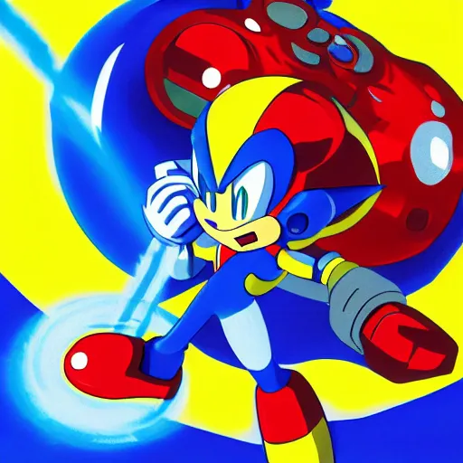 Image similar to Megaman X firing a yellow bubble at Sonic the Hedgehog, Splatter Paint style, Painted By Akihiko Yoshida